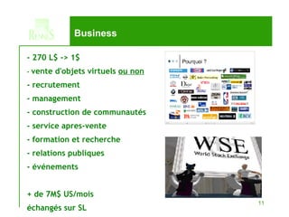 Business - 270 L$ -> 1$  -  vente d'objets virtuels  ou non - recrutement - management - construction de communautés - service apres-vente - formation et recherche - relations publiques - événements + de 7M$ US/mois  échangés sur SL 