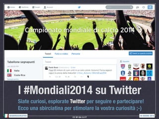 I #Mondiali2014 su Twitter
Siate curiosi, esplorate Twitter per seguire e partecipare!
Ecco una sbirciatina per stimolare la vostra curiosità ;-)
20 GIUGNO 2014@ANDREACREATIVO
CC BY-SA 3.0 IT
 