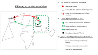 I. Un produit de conception américaine…
Siège social d’Apple
Bureau d’études, recherche et développement
Ordres donnés à Apple aux sous-traitants
asiatiques
II. …produit principalement en Asie…
Sous-traitants des composants de l’iPhone
Aire de production des sous-traitants
Flux de composants
Usine d’assemblage de l’iPhone
III. …pour un marché planétaire en rapide évolution.
Routes commerciales pour acheminer
l’iPhone
Principaux marchés de consommation
Marchés en développement
L’iPhone, un produit mondialisé
Cupertino
Foxconn
 