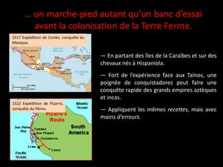 … un marche-pied autant qu’un banc d’essai
avant la colonisation de la Terre Ferme.
— En partant des îles de la Caraïbes et sur des
chevaux nés à Hispaniola.
— Fort de l’expérience face aux Taïnos, une
poignée de conquistadores peut faire une
conquête rapide des grands empires aztèques
et incas.
— Appliquent les mêmes recettes, mais avec
moins d’erreurs.
1517 Expédition de Cortès, conquête du
Mexique.
1522 Expédition de Pizarro,
conquête du Pérou.
 