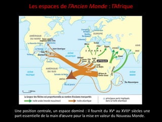 Une position centrale, un espace dominé : il fournit du XVe au XVIIIe siècles une
part essentielle de la main d’œuvre pour la mise en valeur du Nouveau Monde.
Les espaces de l’Ancien Monde : l’Afrique
 