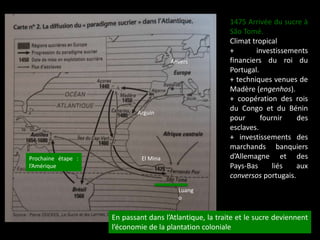 Arguin
El Mina
Luang
o
En passant dans l’Atlantique, la traite et le sucre deviennent
l’économie de la plantation coloniale
1475 Arrivée du sucre à
São Tomé.
Climat tropical
+ investissements
financiers du roi du
Portugal.
+ techniques venues de
Madère (engenhos).
+ coopération des rois
du Congo et du Bénin
pour fournir des
esclaves.
+ investissements des
marchands banquiers
d’Allemagne et des
Pays-Bas liés aux
conversos portugais.
Anvers
Prochaine étape :
l’Amérique
 