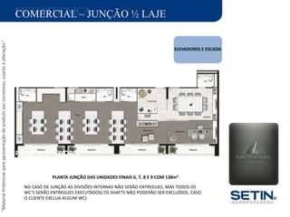 “MaterialPreliminarparaapresentaçãodeprodutoaoscorretores,sujeitoàalteração.”
FICHATÉCNICACOMERCIAL – JUNÇÃO ½ LAJE
ÁREA DO TERRENO: 6.639,06 M2
ÁREA PRIVATIVA TOTAL : 25.115,01 M2
ARQUITETURA:
ELEVADORES E ESCADA
PROJETO INTERIORES :
PLANTA JUNÇÃO DAS UNIDADES FINAIS 6, 7, 8 E 9 COM 138m²
NO CASO DE JUNÇÃO AS DIVISÕES INTERNAS NÃO SERÃO ENTREGUES, MAS TODOS OS
WC’S SERÃO ENTREGUES EXECUTADOS( OS SHAFTS NÃO PODERÃO SER EXCLUÍDOS, CASO
O CLIENTE EXCLUA ALGUM WC).
 