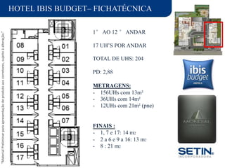 “MaterialPreliminarparaapresentaçãodeprodutoaoscorretores,sujeitoàalteração.”
HOTEL IBIS BUDGET– FICHATÉCNICA
1° AO 12 ° ANDAR
17 UH’S POR ANDAR
TOTAL DE UHS: 204
PD: 2,88
METRAGENS:
- 156UHs com 13m²
- 36UHs com 14m²
- 12UHs com 21m² (pne)
FINAIS :
- 1, 7 e 17: 14 m2
- 2 a 6 e 9 a 16: 13 m2
- 8 : 21 m2
 