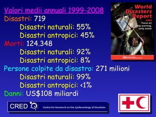 Valori medii annuali 1999-2008 Disastri:  719 Disastri naturali:  55% Disastri antropici:  45% Morti:  124.348 Disastri naturali:  92% Disastri antropici:  8% Persone colpite da disastro:  271 milioni Disastri naturali:  99% Disastri antropici:  <1% Danni:  US$108 miliardi 