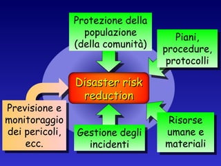 Gestione degli incidenti Protezione della populazione (della comunità) Piani, procedure, protocolli Risorse umane e materiali Previsione e monitoraggio dei pericoli, ecc. Disaster risk reduction 