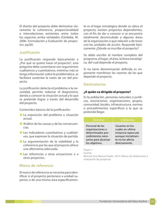 20
Fundación Universitaria del Área Andina 20
6
Fundación Universitaria del Área Andina 6
El diseño del proyecto debe demostrar cla-
ramente la coherencia, proporcionalidad
e interrelaciones existentes entre todos
los aspectos arriba señalados (Córdoba, M.
2006. Formulación y Evaluación de proyec-
tos. pp20).
Justificación
La justificación responde básicamente a
¿Por qué se quiere hacer el proyecto?, esta
pregunta debe sustentarse con argumentos
cualitativos y cuantitativos, mientras más se
tenga información sobre la problemática, se
facilitara sustentar la razón de ser del pro-
yecto.
La justificación detecta el problema o la ne-
cesidad, permite redactar el diagnostico,
dando a conocer la situación actual y lo que
se pretende lograr a través del desarrollo
del proyecto.
Contenidos básicos de la justificación:
■ La exposición del problema o situación
actual.
■ Análisis de las causas y de las consecuen-
cias.
■ Los indicadores cuantitativos y cualitati-
vos, que expresan la situación de partida.
■ La argumentación de la viabilidad y la
coherencia por las que el proyecto ofrece
una alternativa adecuada.
■ Las referencias a otras actuaciones o a
otros proyectos.
Marco de referencia
El marco de referencia se necesita para iden-
tificar si el proyecto pertenece a unidad su-
perior, o de una misma área específicamen-
te es el lugar estratégico donde se ubica el
proyecto, existen proyectos dependientes,
con el fin de dar a conocer si se encuentra
totalmente desvinculado a algunas áreas
de la organización o qué relación a de tener
con las unidades de acción. Responde bási-
camente ¿Dónde se inscribe el proyecto?
Se debe escribir el nombre completo del
programa, el lugar, el área, la línea estratégi-
ca, del cual depende el proyecto.
Si no tiene denominación definida es im-
portante manifestar las razones de las que
depende el proyecto.
Destinatarios
¿A quién va dirigido el proyecto?
Es la población, personas naturales o jurídi-
cas, asociaciones, organizaciones, grupos,
comunidad, locales, infraestructura, normas
o procedimientos específicos a la que se
pretende llegar.
Directos Indirectos
Personal de las
organizaciones o
determinados por-
cedimientos nece-
sarios para alcanzar
los objetivos.
Usuarios en los
cuales en ultima
instancia repercute
aunque inicialmen-
te no los afecta
directamente.
Figura 1
Fuente:
Manual José Manuel Galán. 2014. Básico de elaboración y
evaluación de proyectos
 