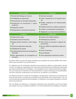 Fundación Universitaria del Área Andina 32
Fundación Universitaria del Área Andina 8
Oportunidades Amenazas
■ Posición del liderazgo en el sector.
■ Posibilidades de exportación.
■ Diversificación en mercados relacionados.
■ Introducción de innovaciones y nuevos
productos.
■ Integración vertical.
■ Recuperación o crecimiento económico.
■ Mercados saturados.
■ Fuerte competencia en el mercado nacio-
nal.
■ Posible competencia de multinacionales
en el sector.
■ Problemas técnicos con algunos productos.
■ Cambios e incertidumbre sociopolíticos.
■ Adaptación a un nuevo marco económico.
Fortalezas Debilidades
■ Solida red de ventas.
■ Excelente situación financiera.
■ Equipo directivo dinámico y bien integra-
do.
■ Estructura organizativa adecuada.
■ Fidelidad de los clientes.
■ Excelente departamento de investigación y
desarrollo.
■ Buen departamento de investigación de
mercados.
■ Productos de calidad mediocre.
■ Publicidad poco eficiente.
■ Alta rotación de personal en algunos de-
partamentos.
■ Exceso o déficit de capacidad en algún pro-
ducto.
■ Precio en descenso.
■ Escasa liquidez.
■ Clima organizativo resistente al cambio.
El análisis DAFO nos permite elegir estrategias que exploten los puntos débiles del compe-
tidor y que neutralicen sus puntos fuertes.
Los objetivos son los resultados específicos que esperamos obtener a largo plazo, más de
un año. Los objetivos a largo plazo van a permanecer generalmente estables para el periodo
que abarca la planificación estratégica. Las estrategias son los medios para lograr los objeti-
vos. Las metas, por el contrario son más específicas en cuanto a tiempo y son cuantificables,
son fines a alcanzar anualmente y con frecuencia, se cambian o se modifican.
Los objetivos alcanzan a todas las actividades y proporcionan coherencia en el proceso de
toma de decisiones, al tiempo que establecen las prioridades de la organización. Son, en
suma la base para la selección de estrategias. Sin objetivos, una empresa quedaría a merced
de las circunstancias.
Una vez fijados los objetivos y estrategias, tendremos que ejecutarlos, para lo que habrá
que asignar recursos y establecer políticas. Si en el formulario de las estrategias se requiere
 