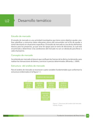 Fundación Universitaria del Área Andina 39
U2
Fundación Universitaria del Área Andina 5
Desarrollo temático
Estudio de mercado
El estudio de mercado es una actividad investigativa que tiene como objetivo ayudar, ana-
lizar, planificar y comunicar datos relevantes acerca del consumidor con el fin de ayudar a
tomar decisiones en situaciones específicas. El estudio de mercado es uno de los elementos
básicos para los proyectos, ya que sirve de apoyo para la toma de decisiones, la cual está
encaminada a determinar si las condiciones del mercado no son un obstáculo para llevar a
cabo el proyecto.
Concepto de mercado
Se entiende por mercado el área en que confluyen las fuerzas de la oferta y la demanda, para
realizar las transacciones de bienes y servicios a precios determinados (Miranda, J. 2004).
Estructura del análisis de mercado
Para el analisis de mercado se reconocen cuatro variables fundamentales que conforman la
estructura evidenciada en la figura 1.1.
Figura 1. Estructura del analisis del mercado
Fuente: Propia.
Análisis del mercado
Análisis
de la
oferta.
Análisis
de la
demanda.
Análisis
de los
precios.
Análisis
de la co-
merciali-
Conclusio-
nes del
analisis del
mercado.
 