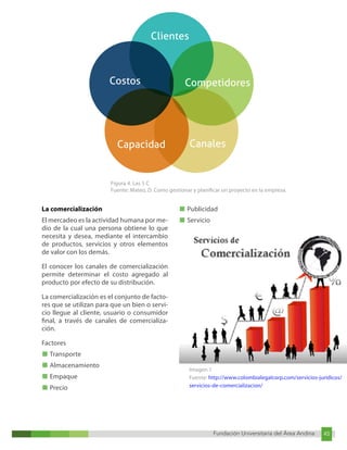 Fundación Universitaria del Área Andina 45
Fundación Universitaria del Área Andina 11
Figura 4. Las 5 C
Fuente: Mateo, D. Como gestionar y planificar un proyecto en la empresa.
La comercialización
El mercadeo es la actividad humana por me-
dio de la cual una persona obtiene lo que
necesita y desea, mediante el intercambio
de productos, servicios y otros elementos
de valor con los demás.
El conocer los canales de comercialización
permite determinar el costo agregado al
producto por efecto de su distribución.
La comercialización es el conjunto de facto-
res que se utilizan para que un bien o servi-
cio llegue al cliente, usuario o consumidor
final, a través de canales de comercializa-
ción.
Factores
■ Transporte
■ Almacenamiento
■ Empaque
■ Precio
■ Publicidad
■ Servicio
Imagen 1
Fuente: http://www.colombialegalcorp.com/servicios-juridicos/
servicios-de-comercializacion/
Costos
Capacidad Canales
Competidores
Clientes
 