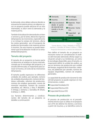 Fundación Universitaria del Área Andina 52
Fundación Universitaria del Área Andina 7
la demanda, otros deben ubicarse donde se
encuentra la materia prima y en algunos ca-
sos un proyecto puede ubicarse en un sitio
intermedio, es decir entre la demanda y la
materia prima.
También la localización demanda de un bien
o servicio y, por lo tanto, afecta los ingresos
del proyecto, las inversiones, especialmente
si se incluye la compra de terrenos, afecta
los costos generados por el transporte de
productos terminados o de materias primas
e insumos. De esta manera se puede deter-
minar que la localización incide en la renta-
bilidad del proyecto.
Tamaño del proyecto
El tamaño de un proyecto en buena parte
se determina al analizar en forma interrela-
cionada por la tecnología del proyecto y el
estudio del mercado, es importante para co-
nocer el monto y el costo de las inversiones
del proyecto.
El tamaño puede expresarse en diferentes
unidades de análisis, por ejemplo, número
de unidades de producción, número de hec-
táreas cultivadas, volumen de producción,
número de empleos generados, monto de
inversión requerida, número de usuarios
atendidos, etc. (Murcia, J. Díaz, F. Medellín,
V. Ortega, J. Santana, L. González, M. Oñate,
G & Baca, C. 2009).
Los factores determinantes y condicio-
nantes del tamaño de un proyecto se
detallan a continuación:
■ Demanda.
■ Insumos.
■ Estacionalidad
desde el punto
de vista de la de-
manda y la pro-
duccion.
■ Tecnologia.
■ Localizacion.
■ Aspectos finan-
cieros.
■ Recursos huma-
nos.
■ Capacidad ge-
rencial.
Determinantes Condicionantes
Figura 3
Fuente: Murcia, J. Díaz, F. Medellín, V. Ortega, J.
Santana, L. González, M. Oñate, G & Baca, C. 2009.
Proyectos formulación y criterios de evaluación.
Para definir el tamaño de un proyecto es
necesario tomar en consideración el análi-
sis del mercado (demanda-oferta) según su
situación actual y sus tendencias, así como
la tecnología disponible, para el tamaño, es
importante definir la unidad de análisis, ya
sea en términos de producción por unidad
de tiempo, magnitud de la inversión, cober-
tura, de población por atender, número de
equipos disponibles, número de empleos
generados.
La capacidad de producción durante la vida
útil del proyecto se puede expresar en tres
dimensiones, a saber:
■ Capacidad Instalada (CI)
■ Capacidad Efectiva (CE)
■ Capacidad Ociosa (CO)
Proceso de producción
El proceso de producción es el procedi-
miento técnico que se utiliza en el proyecto
con el fin de obtener los bienes y servicios
a partir de insumos, y se identifica como la
 
