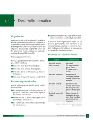 Fundación Universitaria del Área Andina 60
U3
Fundación Universitaria del Área Andina 5
Desarrollo temático
Organización
La organización está relacionada con el am-
biente donde se desarrollara el proyecto, la
autoridad, los mecanismos de coordinación,
busca agrupar funciones para el logro de los
objetivos propuestos, asignando tareas en
los diferentes niveles, realizando activida-
des coordinadas (Córdoba, M).
Principios administrativos
Henry Fayol propone los siguientes princi-
pios administrativos:
■ Principio de la división del trabajo.
■ Principio de la unidad de dirección.
■ Principio de la centralización y descen-
tralización.
■ Principio de autoridad y responsabilidad.
Factores organizacionales
Los factores organizacionales están funda-
mentados en:
■ La participación de unidades externas al
proyecto (auditoria, contratista, agencia
financiera, consultoría).
■ El tamaño de la estructura organizativa
(tamaño de producción).
■ La tecnología administrativa (tecnología
de producción).
■ La complejidad de las tareas administrati-
vas (comunicación vertical y horizontal).
El estudio de la organización debe ser un
proceso permanente, para ajustarse a las
variaciones que presenta la economía mun-
dial. En la administración de la empresa se
presentan las siguientes etapas:
Evolución de la administración
Etapas Características
Era de la produc-
ción en masa
Cantidad
Sin preocupación
por el cliente
El más grande, el
mejor.
Era de la eficiencia Productividad,
controles, lejos del
cliente, vuelta hacia
adentro.
Era de la calidad Satisfacción del
cliente, mejora con-
tinua de procesos,
gestión de equipos.
Era de la competiti-
vidad
Sobrevivencia, fo-
calización, produc-
ción clase mundial,
asociación entre
empresas.
Cuadro 1. Evolución de la administración
Fuente: Propia.
 
