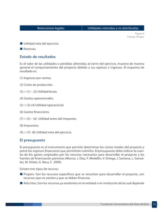 Fundación Universitaria del Área Andina 75
Fundación Universitaria del Área Andina 9
Retenciones legales Utilidades retenidas y no distribuidas
Figura 4
Fuente: Propia.
■ Utilidad neta del ejercicio.
■ Reservas.
Estado de resultados
Es el valor de las utilidades o pérdidas obtenidas al cierre del ejercicio, muestra de manera
general el comportamiento del proyecto debido a sus egresos e ingresos. El esquema de
resultado es:
(1) Ingresos por ventas.
(2) Costo de producción.
(3) = (1) – (2) Utilidad bruta.
(4) Gastos operacionales.
(5) = (3)-(4) Utilidad operacional.
(6) Gastos financieros.
(7) = (5) – (6) Utilidad antes del impuesto.
(8) Impuestos.
(9) = (7)- (8) Utilidad neta del ejercicio.
El presupuesto
El presupuesto es el instrumento que permite determinar los costos totales del proyecto y
prevé los ingresos financieros que permitirán cubrirlos. El presupuesto debe indicar la cuan-
tía de los gastos originados por los recursos necesarios para desarrollar el proyecto y las
fuentes de financiación previstas (Murcia, J. Díaz, F. Medellín, V. Ortega, J. Santana, L. Gonzá-
lez, M. Oñate, G. Baca, C. 2009).
Existen tres tipos de recurso:
■ Propios: Son los recursos específicos que se necesitan para desarrollar el proyecto, son
recursos que no existen y que se deben financiar.
■ Adscritos: Son los recursos ya existentes en la entidad o en institución de la cual depende
 