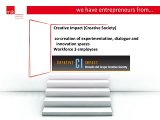 Creative Impact (Creative Society) co-creation of experimentation, dialogue and innovation spaces Workforce 3 employees we have entrepreneurs from… … 