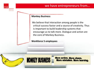 Monkey Business We believe that interaction among people is the critical success factor and a source of creativity. Thus is important to build leadership systems that encourage us to talk more. Dialogue and action are the core of Monkey Business. Workforce 5 employees we have entrepreneurs from… … 