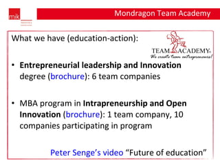 What we have (education-action): Entrepreneurial leadership and Innovation  degree ( brochure ): 6 team companies MBA program in  Intrapreneurship and Open Innovation  ( brochure ): 1 team company, 10 companies participating in program Peter Senge’s video  “Future of education” Mondragon Team Academy 