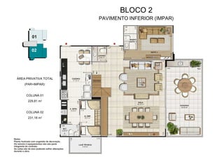 BLOCO 2 PAVIMENTO INFERIOR (IMPAR) ÁREA PRIVATIVA TOTAL (PAR+IMPAR): COLUNA 01 229,81 m 2 COLUNA 02 231,18 m 2 