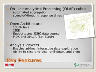 Key Features On-Line Analytical Processing (OLAP) cubes automated aggregation speed-of-thought response times Open Architecture 100% Java J2EE Supports any JDBC data source MDX and XML/A (i.e. SOAP) Analysis Viewers Enables ad-hoc, interactive data exploration Ability to slice-and-dice, drill-down, and pivot  