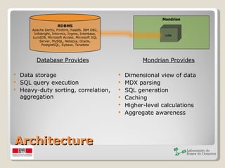Architecture Database Provides Data storage SQL query execution Heavy-duty sorting, correlation, aggregation  Mondrian Provides Dimensional view of data MDX parsing SQL generation Caching Higher-level calculations Aggregate awareness Mondrian cube  RDBMS Apache Derby, Firebird, hsqldb, IBM DB2, Infobright, Informix, Ingres, Interbase, LucidDB, Microsoft Access, Microsoft SQL Server, MySQL, Netezza, Oracle, PostgreSQL, Sybase, Teradata 