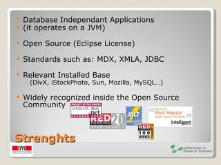 Strenghts Database Independant Applications  (it operates on a JVM) Open Source (Eclipse License) Standards such as: MDX, XMLA, JDBC Relevant Installed Base  (DivX, iStockPhoto, Sun, Mozilla, MySQL…) Widely recognized inside the Open Source Community 
