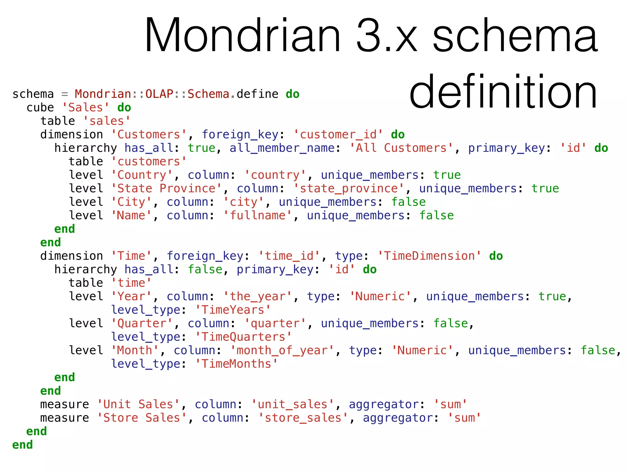 Mondrian 3.x schema 
schema = Mondrian::OLAP::Schema.define do definition 
cube 'Sales' do 
table 'sales' 
dimension 'Customers', foreign_key: 'customer_id' do 
hierarchy has_all: true, all_member_name: 'All Customers', primary_key: 'id' do 
table 'customers' 
level 'Country', column: 'country', unique_members: true 
level 'State Province', column: 'state_province', unique_members: true 
level 'City', column: 'city', unique_members: false 
level 'Name', column: 'fullname', unique_members: false 
end 
end 
dimension 'Time', foreign_key: 'time_id', type: 'TimeDimension' do 
hierarchy has_all: false, primary_key: 'id' do 
table 'time' 
level 'Year', column: 'the_year', type: 'Numeric', unique_members: true, 
level_type: 'TimeYears' 
level 'Quarter', column: 'quarter', unique_members: false, 
level_type: 'TimeQuarters' 
level 'Month', column: 'month_of_year', type: 'Numeric', unique_members: false, 
level_type: 'TimeMonths' 
end 
end 
measure 'Unit Sales', column: 'unit_sales', aggregator: 'sum' 
measure 'Store Sales', column: 'store_sales', aggregator: 'sum' 
end 
end 
 
