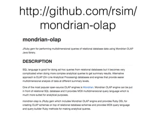 http://github.com/rsim/ 
mondrian-olap 
 