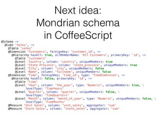 Next idea: 
Mondrian schema 
in CoffeeScript 
@Schema -> 
@Cube 'Sales', -> 
@Table 'sales' 
@Dimension 'Customers', foreignKey: 'customer_id', -> 
@Hierarchy hasAll: true, allMemberName: 'All Customers', primaryKey: 'id', -> 
@Table 'customers' 
@Level 'Country', column: 'country', uniqueMembers: true 
@Level 'State Province', column: 'state_province', uniqueMembers: true 
@Level 'City', column: 'city', uniqueMembers: false 
@Level 'Name', column: 'fullname', uniqueMembers: false 
@Dimension 'Time', foreignKey: 'time_id', type: 'TimeDimension', -> 
@Hierarchy hasAll: false, primaryKey: 'id', -> 
@Table 'time' 
@Level 'Year', column: 'the_year', type: 'Numeric', uniqueMembers: true,  
levelType: 'TimeYears' 
@Level 'Quarter', column: 'quarter', uniqueMembers: false,  
levelType: 'TimeQuarters' 
@Level 'Month', column: 'month_of_year', type: 'Numeric', uniqueMembers: false,  
levelType: 'TimeMonths' 
@Measure 'Unit Sales', column: 'unit_sales', aggregator: 'sum' 
@Measure 'Store Sales', column: 'store_sales', aggregator: 'sum' 
 