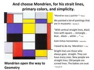 And choose Mondrien, for his strait lines,
primary colors, and simplicity.
“Mondrien was a painter “– Maria
We painted a lot of paintings that
are in museams - Matilde R.
"With vertical straight lines, black
lines with square ... rectangle ..
blue .. black ... white ... “– Gui
Com linhas horizontais – Sebastião
I loved to do my Mondrien – Inês
Strigth lines are those who
always goes straight. They can
have many sizes. New people are
straight lines. Old people are
curved lines. The babies are oval.
- Gonçalo B.
Mondrien open the way to
Geometry
 