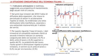 ACEF
16
INDUSTRIA, SERVIZI E
POLITICHE PER LA CRESCITA
 L’indicatore anticipatore si stabilizza,
suggerendo una prospettiva di mantenimento
degli attuali ritmi di crescita.
 Nei primi due trimestri del 2018 l’indice di
diffusione delle espansioni, che misura la
percentuale di settori in accelerazione
rispetto al totale, ha evidenziato una netta
diminuzione nella manifattura, associata a
una sostanziale stazionarietà per il settore
dei servizi.
 Per quanto riguarda l’input di lavoro, i dati
trimestrali di contabilità nazionale riferiti al
secondo trimestre indicano un aumento
congiunturale delle ore lavorate (+0,7%) e
delle unità di lavoro (+0,4%) superiore a
quello del Pil. La produttività del lavoro
risulta quindi in diminuzione rispetto al primo
trimestre, in termini sia di unità di lavoro (-
0,2%) sia per ora lavorata (-0,5%)
Meeting Nazionale ACEF 2018
Idee e Azioni per il Cambiamento
LA SITUAZIONE CONGIUNTURALE DELL’ECONOMIA ITALIANA - 1
Indicatore anticipatore
Indice di diffusione delle espansioni: manifattura e
servizi
16
 