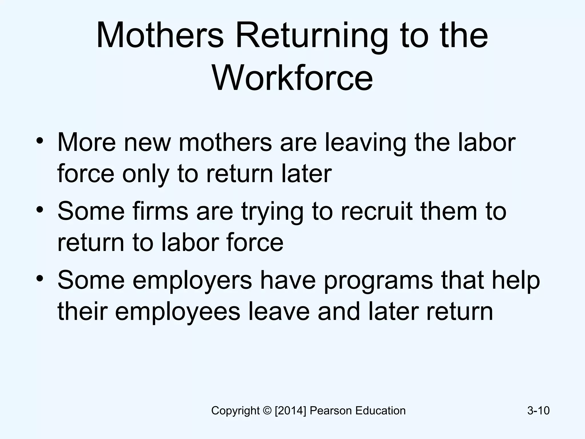 Mothers Returning to the
Workforce
• More new mothers are leaving the labor
force only to return later
• Some firms are trying to recruit them to
return to labor force
• Some employers have programs that help
their employees leave and later return
3-10Copyright © [2014] Pearson Education
 