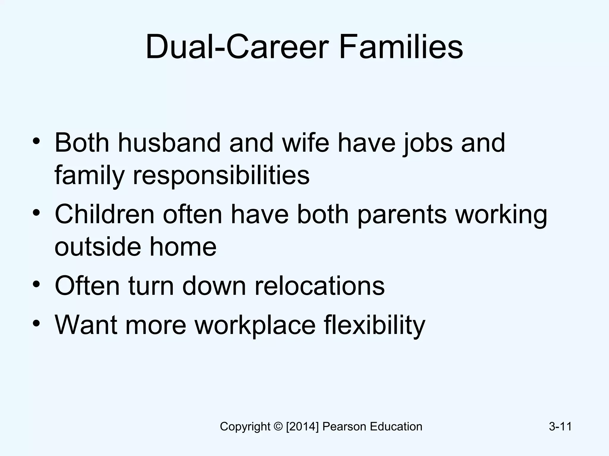 Dual-Career Families
• Both husband and wife have jobs and
family responsibilities
• Children often have both parents working
outside home
• Often turn down relocations
• Want more workplace flexibility
3-11Copyright © [2014] Pearson Education
 