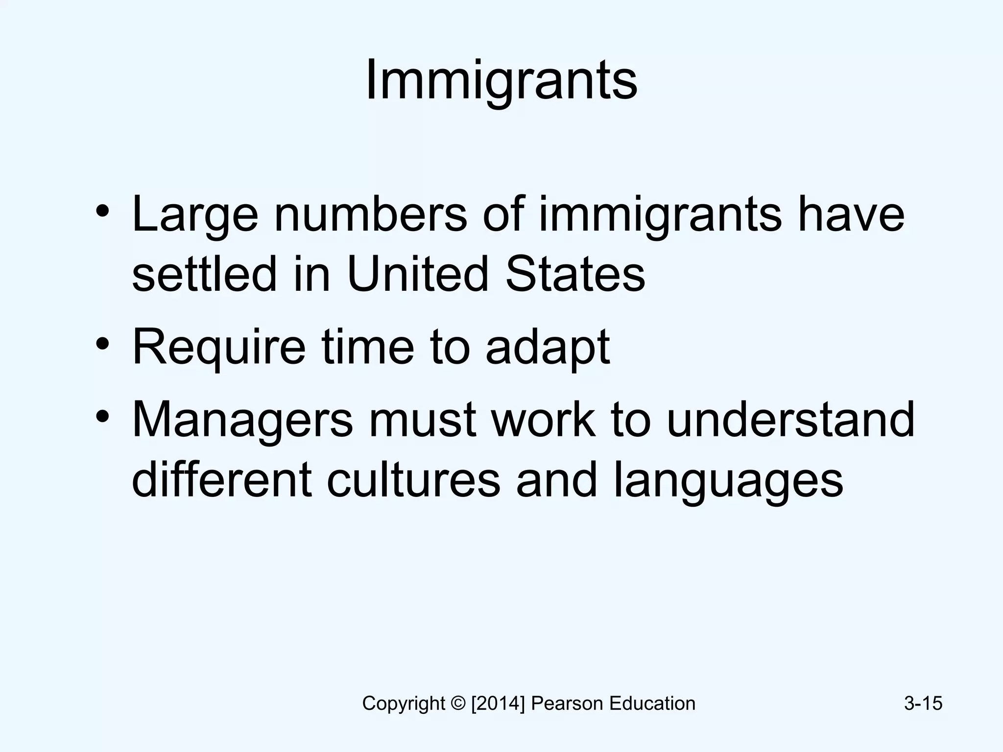 Immigrants
• Large numbers of immigrants have
settled in United States
• Require time to adapt
• Managers must work to understand
different cultures and languages
3-15Copyright © [2014] Pearson Education
 