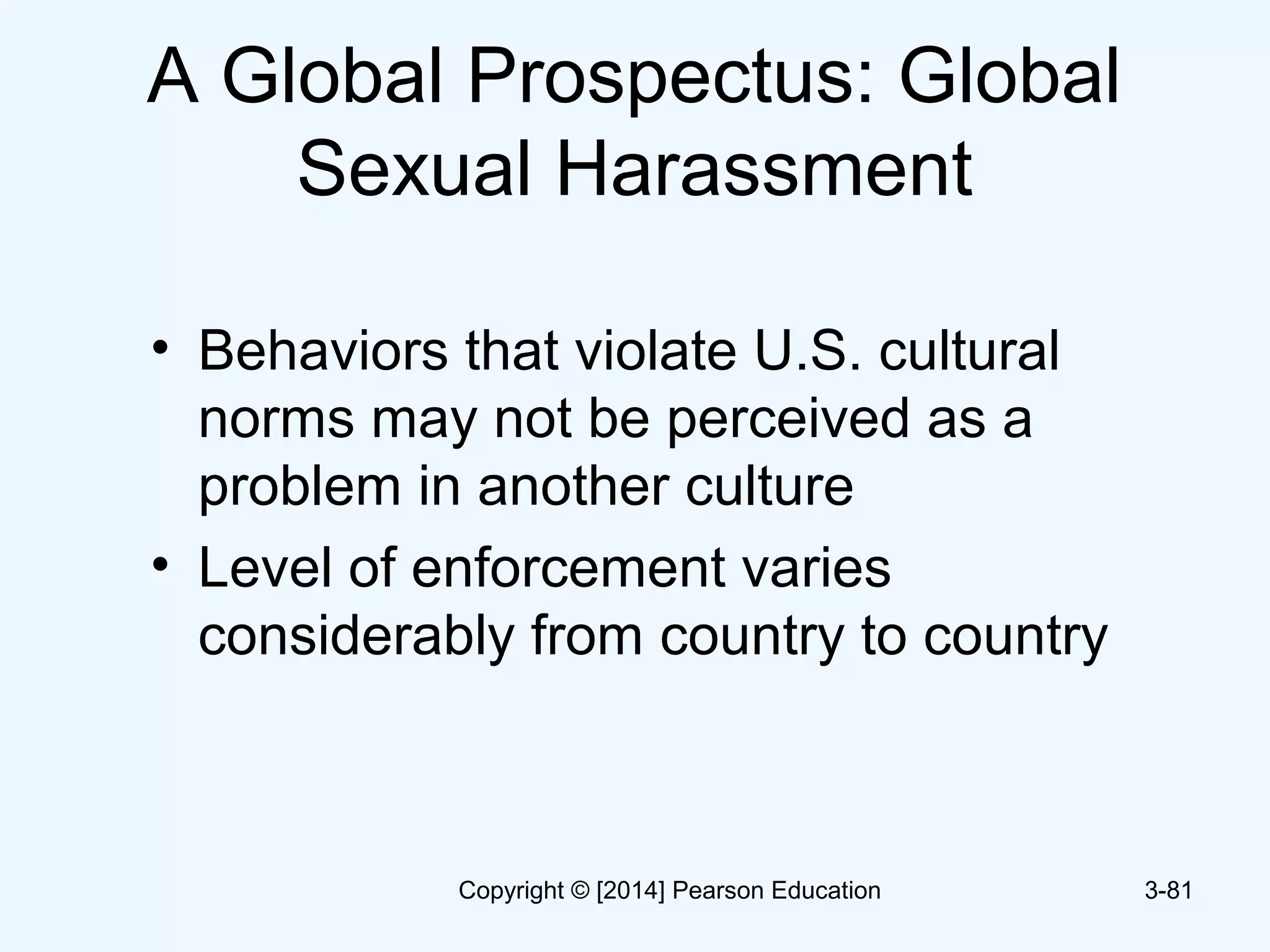 A Global Prospectus: Global
Sexual Harassment
• Behaviors that violate U.S. cultural
norms may not be perceived as a
problem in another culture
• Level of enforcement varies
considerably from country to country
3-81Copyright © [2014] Pearson Education
 