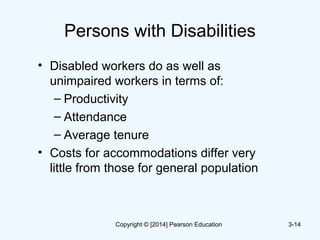 Persons with Disabilities
• Disabled workers do as well as
unimpaired workers in terms of:
– Productivity
– Attendance
– Average tenure
• Costs for accommodations differ very
little from those for general population
3-14Copyright © [2014] Pearson Education
 