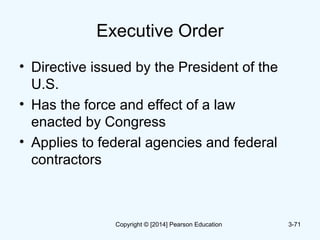 Executive Order
• Directive issued by the President of the
U.S.
• Has the force and effect of a law
enacted by Congress
• Applies to federal agencies and federal
contractors
3-71Copyright © [2014] Pearson Education
 
