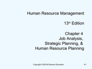 4-1
Human Resource Management
13th
Edition
Chapter 4
Job Analysis,
Strategic Planning, &
Human Resource Planning
Copyright © [2014] Pearson Education
 