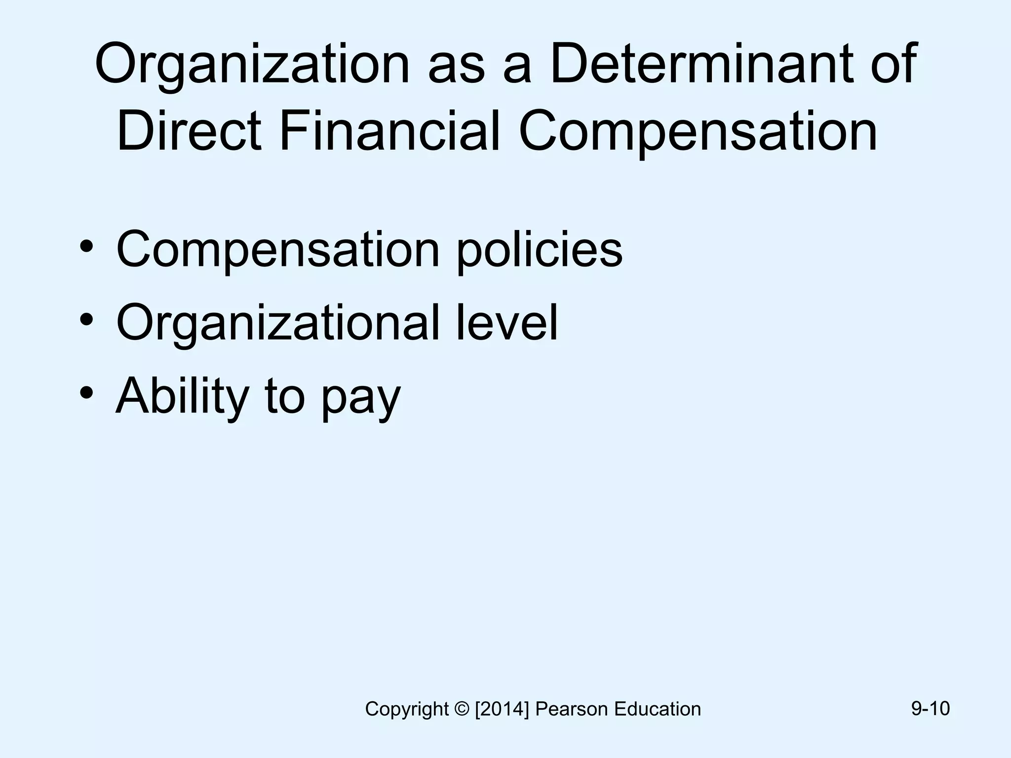 Organization as a Determinant of
Direct Financial Compensation
• Compensation policies
• Organizational level
• Ability to pay
9-109-10Copyright © [2014] Pearson Education
 