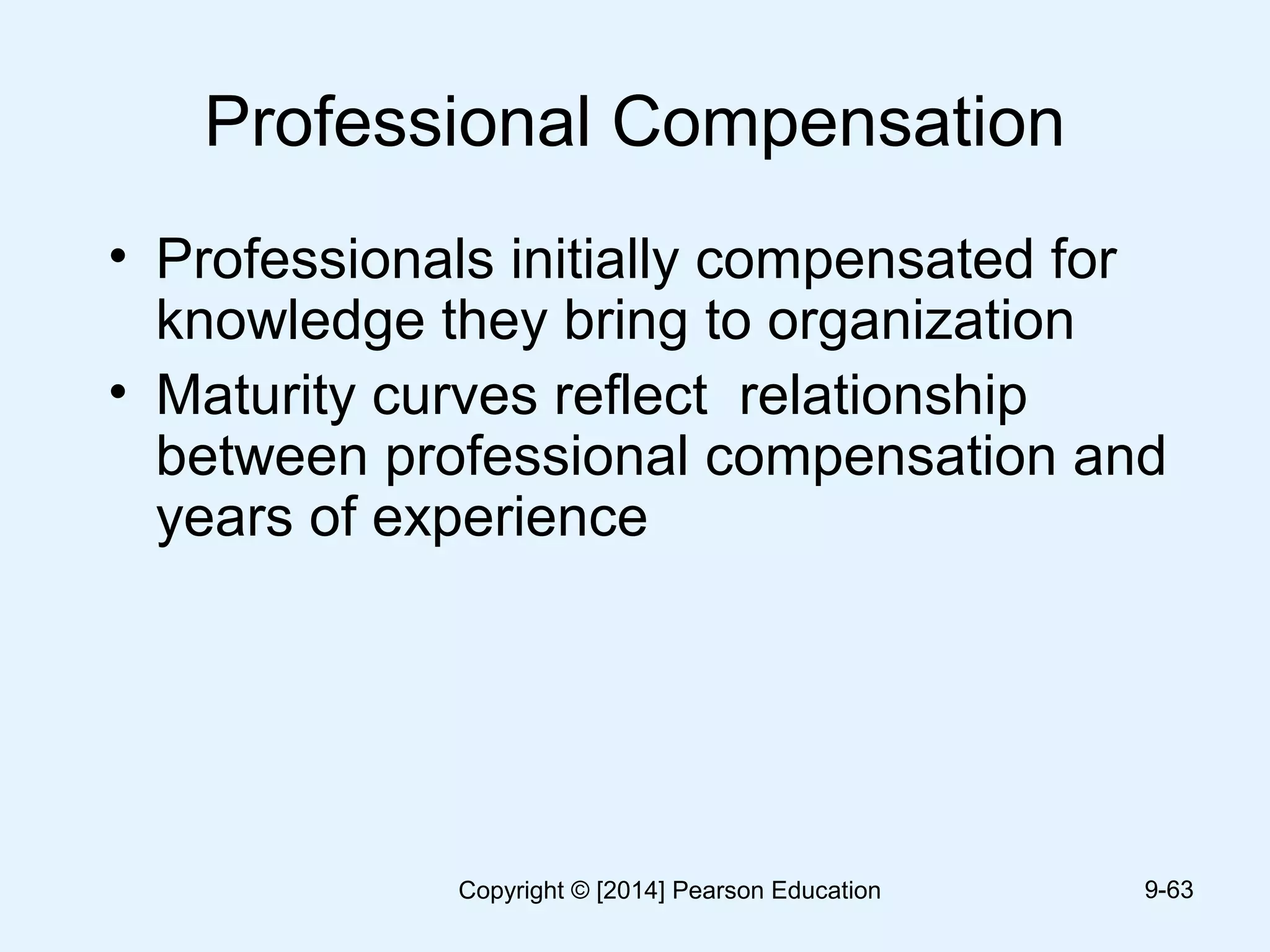 Professional Compensation
• Professionals initially compensated for
knowledge they bring to organization
• Maturity curves reflect relationship
between professional compensation and
years of experience
9-63Copyright © [2014] Pearson Education
 