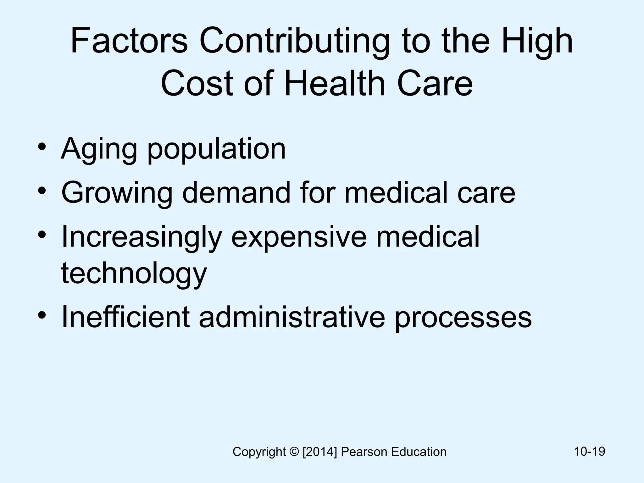 Factors Contributing to the High
Cost of Health Care
• Aging population
• Growing demand for medical care
• Increasingly expensive medical
technology
• Inefficient administrative processes
10-19Copyright © [2014] Pearson Education
 