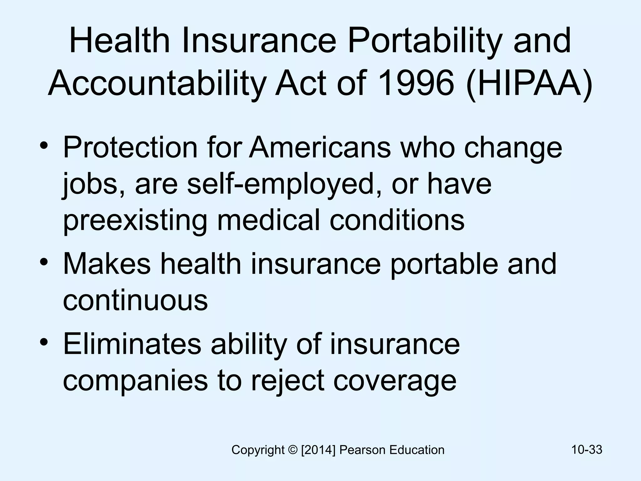 Health Insurance Portability and
Accountability Act of 1996 (HIPAA)
• Protection for Americans who change
jobs, are self-employed, or have
preexisting medical conditions
• Makes health insurance portable and
continuous
• Eliminates ability of insurance
companies to reject coverage
10-33Copyright © [2014] Pearson Education
 