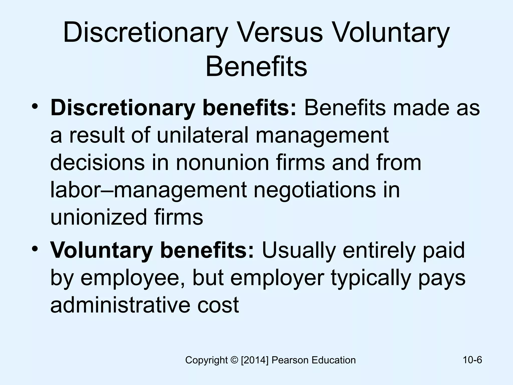 Discretionary Versus Voluntary
Benefits
• Discretionary benefits: Benefits made as
a result of unilateral management
decisions in nonunion firms and from
labor–management negotiations in
unionized firms
• Voluntary benefits: Usually entirely paid
by employee, but employer typically pays
administrative cost
10-6Copyright © [2014] Pearson Education
 