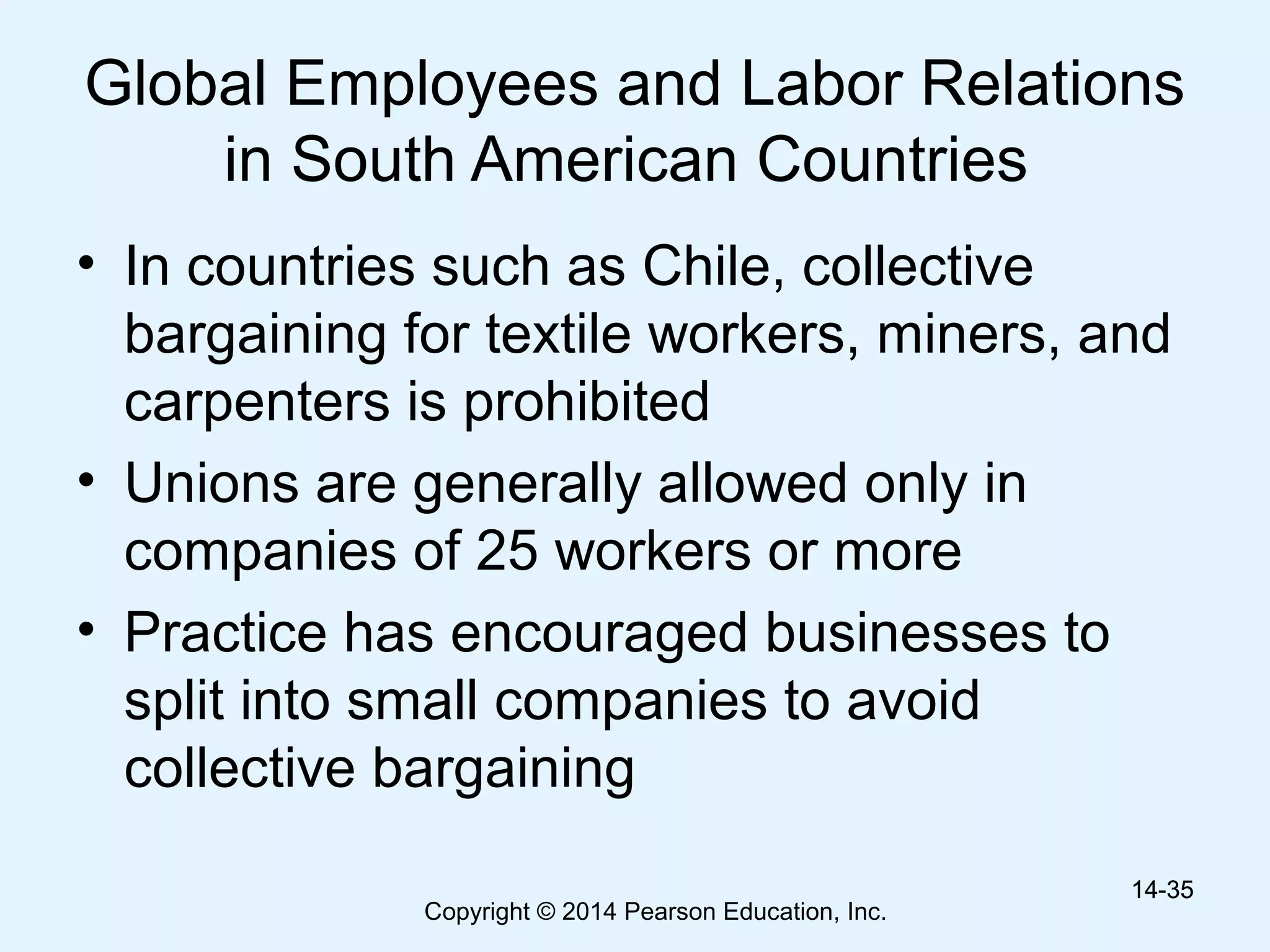 Copyright © 2014 Pearson Education, Inc.
Global Employees and Labor Relations
in South American Countries
• In countries such as Chile, collective
bargaining for textile workers, miners, and
carpenters is prohibited
• Unions are generally allowed only in
companies of 25 workers or more
• Practice has encouraged businesses to
split into small companies to avoid
collective bargaining
14-3514-35
 