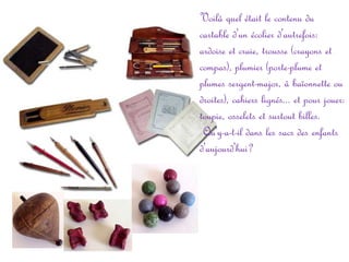 Voilà quel était le contenu du
cartable d'un écolier d'autrefois:
ardoise et craie, trousse (crayons et
compas), plumier (porte-plume et
plumes sergent-major, à baïonnette ou
droites), cahiers lignés... et pour jouer:
toupie, osselets et surtout billes.
Qu'y-a-t-il dans les sacs des enfants
d'aujourd'hui?

 