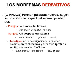 LOS MORFEMAS DERIVATIVOS
 (O AFIJOS) Forman palabras nuevas. Según
su posición con respecto al lexema, pueden
ser:
 Prefijos: van antes del lexema
• Des-hacer im-posible re-tener
 Sufijos: van después del lexema
• Pens-amiento zapat-ero ros-al
• Interfijos: no tienen significado; aparecen
siempre entre el lexema y otro afijo (prefijo o
sufijo) por razones fonéticas.
• En-s-anch-ar pie-cec-ito polv-ar-eda
 