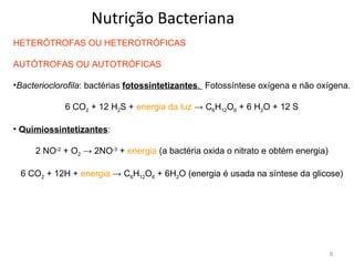 Nutrição Bacteriana
HETERÓTROFAS OU HETEROTRÓFICAS

AUTÓTROFAS OU AUTOTRÓFICAS

•Bacterioclorofila: bactérias fotossintetizantes. Fotossíntese oxígena e não oxígena.

             6 CO2 + 12 H2S + energia da luz → C6H12O6 + 6 H2O + 12 S

• Quimiossintetizantes:

     2 NO-2 + O2 → 2NO-3 + energia (a bactéria oxida o nitrato e obtém energia)

 6 CO2 + 12H + energia → C6H12O6 + 6H2O (energia é usada na síntese da glicose)




                                                                                  9
 