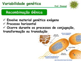 Prof. Emanuel
Recombinação Gênica
Variabilidade genética
 Envolve material genético exógeno
 Processo horizontal
 Ocorre durante os processos de conjugação,
transformação ou transdução
 