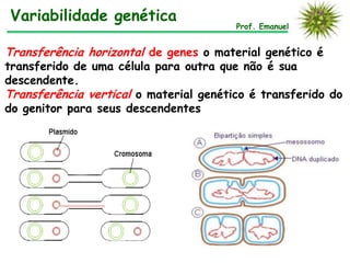 Transferência horizontal de genes o material genético é
transferido de uma célula para outra que não é sua
descendente.
Transferência vertical o material genético é transferido do
do genitor para seus descendentes
Prof. Emanuel
Variabilidade genética
 