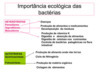 Importância ecológica das
                 bactérias
HETERÓTROFAS         Doenças
Parasitismo          Produção de alimentos e medicamentos
Saprofitismo         Decomposição de resíduos
Mutualismo
                     Produção de vitamina K
                     Digestão e absorção de alimentos
                     Digestão de celulose nos ruminantes
                     Controle de bactérias patogênicas na flora
                     intestinal

                 Produção de alimento onde não há luz
AUTÓTROFAS
Químiossíntese   Ciclo do Nitrogênio

Fotossíntese     Produção de matéria orgânica
                 Ciclagem de elementos
 