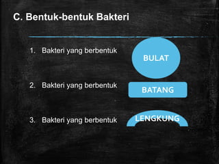C. Bentuk-bentuk Bakteri
1. Bakteri yang berbentuk
2. Bakteri yang berbentuk
3. Bakteri yang berbentuk
BULAT
BATANG
LENGKUNG
 