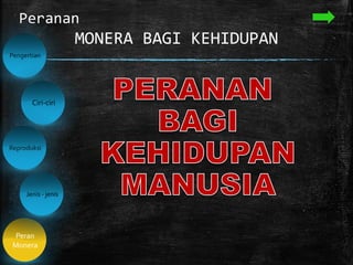 MONERA BAGI KEHIDUPAN
Peranan
Pengertian
Peran
Monera
Ciri-ciri
Jenis - jenis
Reproduksi
 